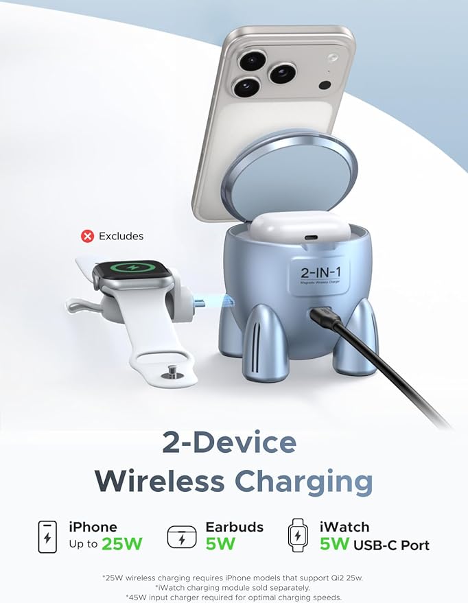 UGREEN UNO 25W Rocket Magnetic Wireless Charger, 2-in-1 Magsafe Fast Charging Station with Fun LED Lights and Magnetic Lid, Compatible with iPhone 17/16/15/14/13 Series, AirPods 4/3/2/Pro