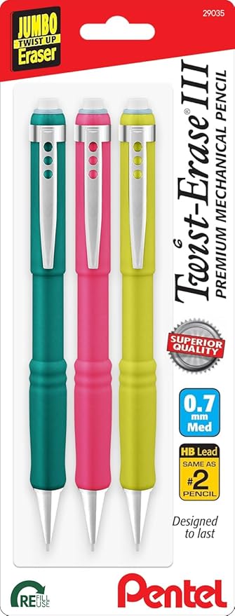 Pentel Twist-Erase III Mechanical Pencil, 0.7 mm, Assorted Barrel Colors, Pack of 3