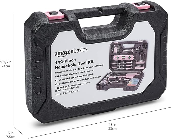 Amazon Basics 142-Piece Household Tool Kit for Home Repair,Hand Tools with Storage Case,13.39 x 9.25 x 2.95 inch,Pink,(Pack of 4)