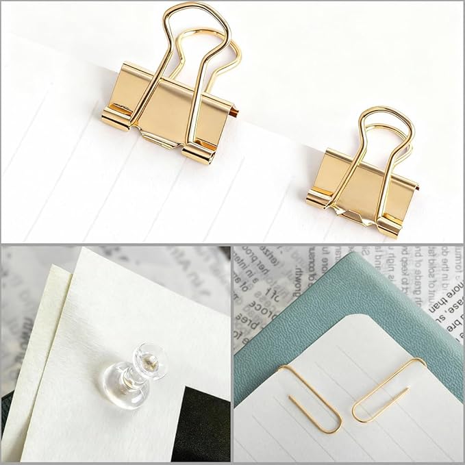 Cute Office Supplies Gold, Paper Clips, Binder Clips and Push Pins Set, Paper Organizer Clips with Storage Box