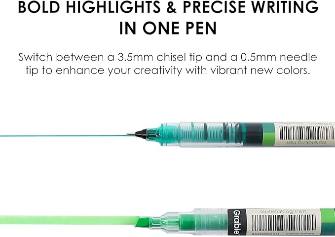Grabie Dual Tip Notetaking Pens (3.5mm Chisel + 0.5mm Needle), Dual Tip Highlighter Markers for Journaling, Colored Pens for Note Taking and Adult Coloring Books (2 value pack)