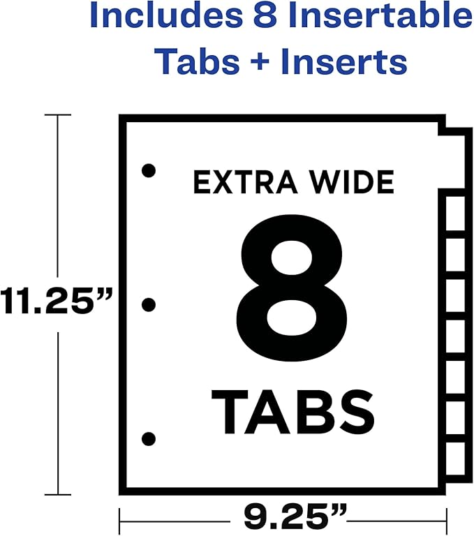 Avery Big Tab Insertable Plastic 2 Pocket Dividers for 3 Ring Binders, 8 Tab Set, Bright Two-Tone Multicolor, Works with Sheet Protectors, 1 Set (11989)