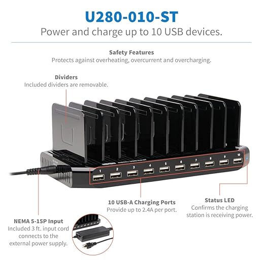 Eaton Tripp Lite Series USB Charging Station for Multiple Devices, 10-Port Portable Multi USB Device Dock with Storage Slots for Phone Apple iPhone Tablet iPad & Laptops, 2.4A Per Port (U280-010-ST)