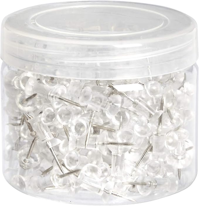 Amazon Basics Push Pins Tacks, Steel Point, Clear Plastic Head, for Cork Board, Bulletin Board, Maps, Photos, Posters, and Craft Projects, 200-Pack