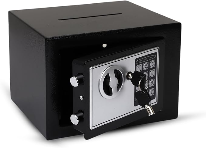 Darice Safe Box for Money – Safe with Electronic Combination Lock and Emergency Key – Cash Safe with Money Slot – Ideal for Documents, Cash, Jewelry (7.9" x 11.8" x 7.9" Black)