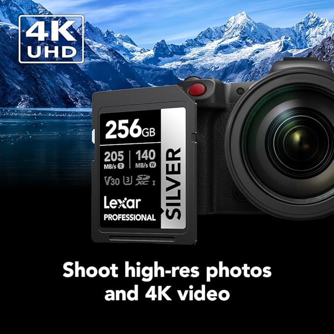 Lexar 256GB Professional Silver SD Card, UHS-I, C10, U3, V30, 4K, Up to 205/140 MB/s SDXC Memory Card, for Photographer, Videographer, Enthusiast (LSDSILV256G-BNNNU)