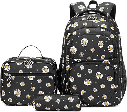 YJMKOI 3Pcs Daisy Prints Backpack for Girls Middle-School Elementary Students Bookbag Set with Lunch Box (Black)