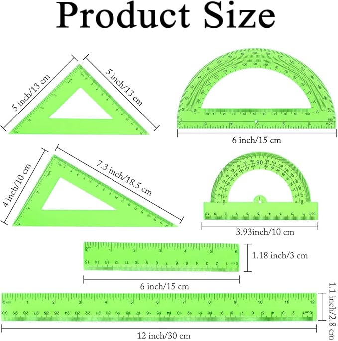 Plastic Clear Ruler Math Set, 6" | 12" Straight Ruler Protractor, 2 Protractors 180 Degree 2 Triangle Rulers 45 | 60 Degree 2 Straight Rulers Measuring Tool for School Office Home Supplie,Green