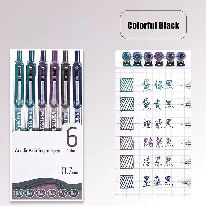 6 Colors Acrylic Gel Pens, 0.7mm Fine Tip for Adult Coloring, Black Paper, Drawing, Journaling, Note Taking, Black