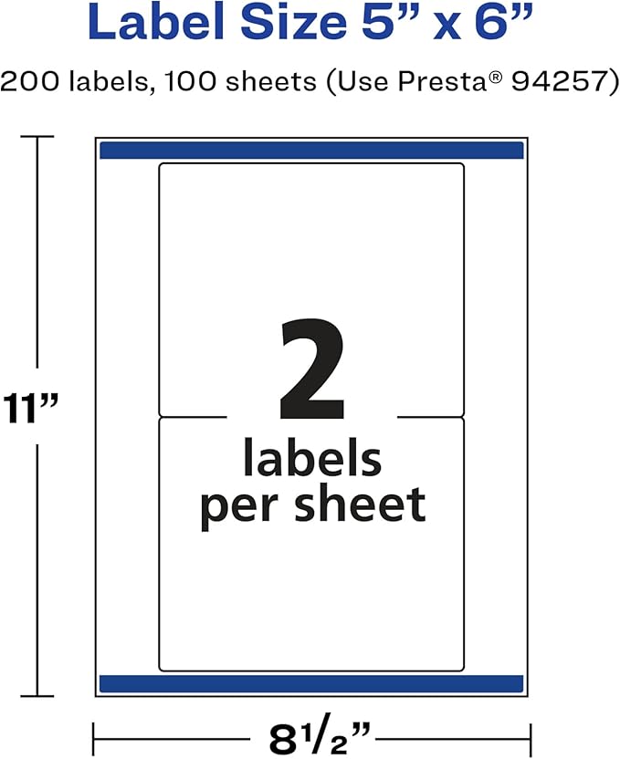 Avery Glossy White Rectangle Labels, Sure Feed Technology, 5" x 6", 200 Glossy White Labels, Permanent Adhesive, Laser/Inkjet Printable