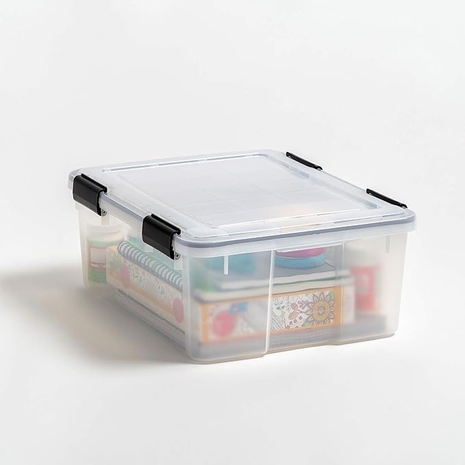 IRIS USA 30.6 Quart WEATHERPRO Plastic Storage Box with Durable Lid and Seal and Secure Latching Buckles, 6 Pack, Weathertight, Keep Pest Dust and Moisture Out, for Oversized Bulky Items, Clear/Black