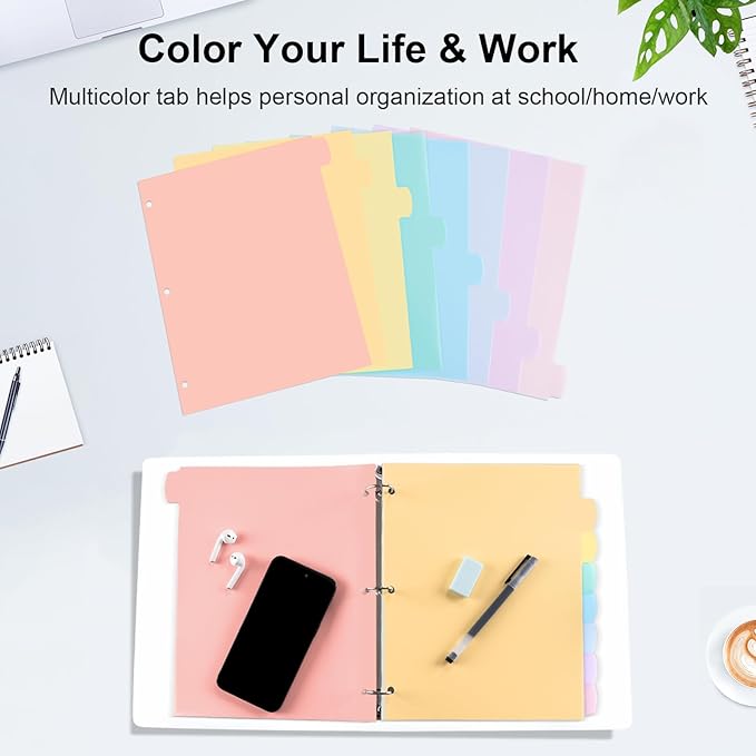 8 Count/1 Set Write & Erase Binder Dividers with Tabs, Plastic 8 Tab Dividers for 3 Ring Binder Letter Size, Separators for Student School Home Office Document Organizer, Pastel