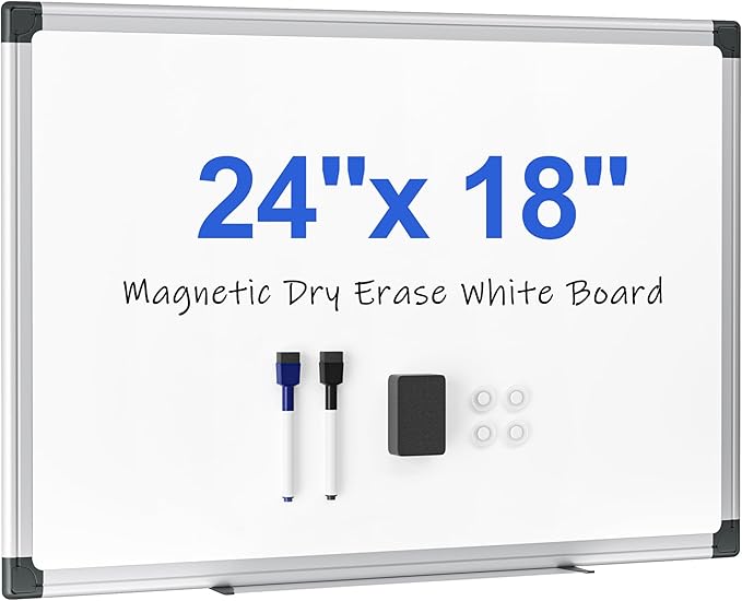 Magnetic White Board 24" x 18" for Wall, Dry Erase Board for Home Office, School, Study Room – Silver Aluminum Frame, 2 Markers, 4 Magnets, Eraser Included
