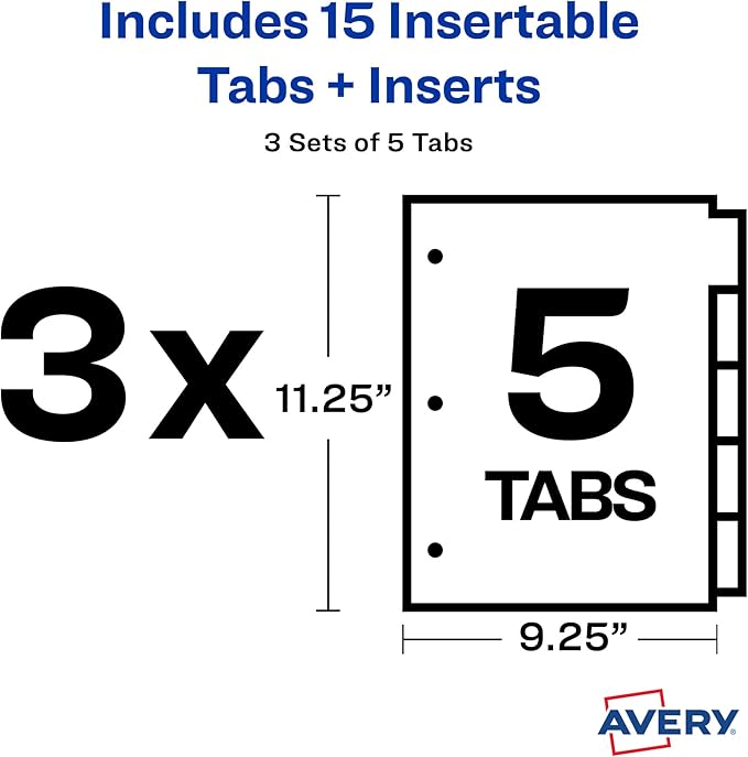 Avery Dividers for 3 Ring Binders, 5-Tab Sets, Two-Pocket Plastic Binder Dividers with Tabs, Multicolor, 3 Sets (71906) (Pack of 8)