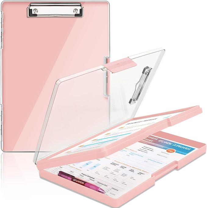 SFLHHDM Clipboard with Storage,Heavy Duty Clip Boards 8.5x11 with 2 Storage Case,Clear Visible Panel Storage Clipboards,Side Opening Nursing Clipboard Folder for Office Supplies-Pale Pink