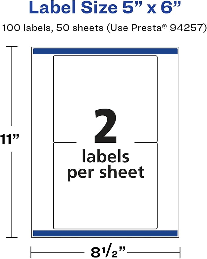 Avery Glossy White Rectangle Labels, Sure Feed Technology, 5" x 6", 100 Glossy White Labels, Permanent Adhesive, Laser/Inkjet Printable