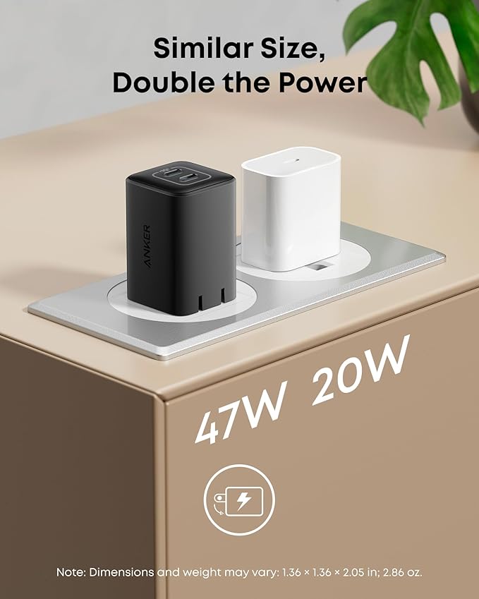 Anker Nano 47W USB C Charger, 2 Port Compact Foldable GaN Charger for iPhone 17 / 16, Galaxy, Pixel, Compatible with MagSafe (Black)