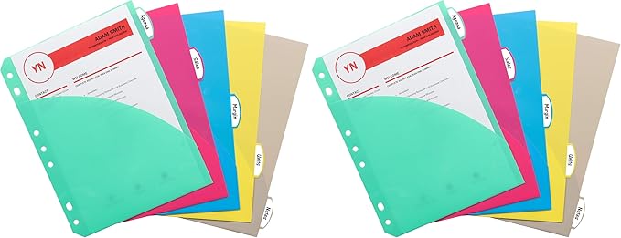 C-Line Mini Size 5-Tab Poly Index Dividers with Pockets, for 5.5 x 8.5, 6 x 9 and 8.5 x 11 Binders, Assorted Colors, One 5-Tab Set (03750) (Pack of 2)