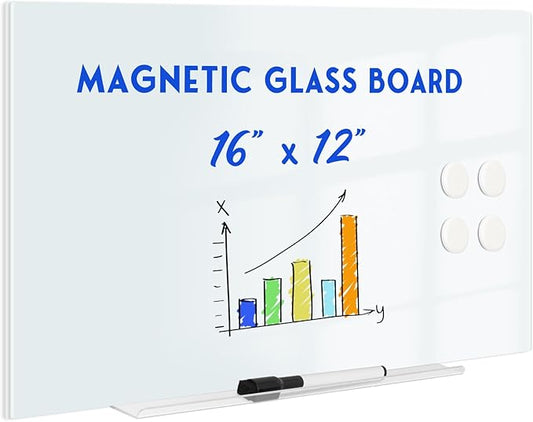 Magnetic Glass Whiteboard for Wall, 16" x 12" Glass Dry Erase Board, Frameless White Board for Home and Office - Normal White