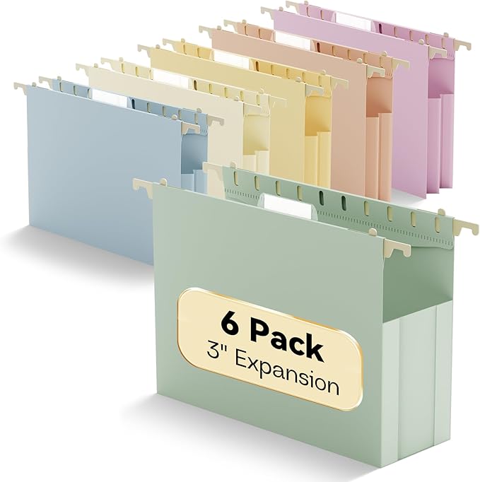 Plastic Hanging File Folders Extra Capacity,3" Expanding Pocket Letter Size,Expandable Large Pastel Hanging Folders,Adjustable Tabs,Heavy Duty Filing Cabinet Folder for Bulky Files,6 Pack