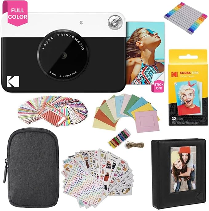 KODAK Printomatic Full-Color Instant Print Digital Camera Colorful Photos On Zink 2x3" Sticky-Back Photo Paper 5MP Gift Bundle: Case + Zink 2x3" 20pk + Album + Stickers + Frames + Markers - Black