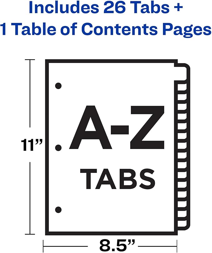 Avery A-Z 26 Tab Dividers for 3 Ring Binders, Customizable Table of Contents, Classic White Tabs, 1 Set (11828)