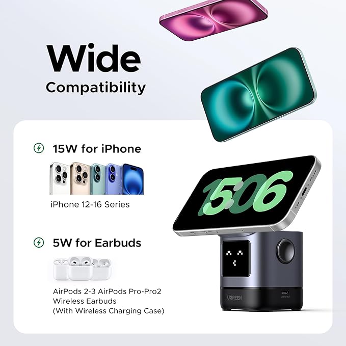 UGREEN Uno Qi2 Certified 15W Wireless Charger Stand, 2-in-1 Foldable Charging Station Compatible with iPhone 17/17 Air/17 Pro/17 Pro Max/16/15/14/13/12 Series, AirPods 2/3/Pro (No AC Adapter)