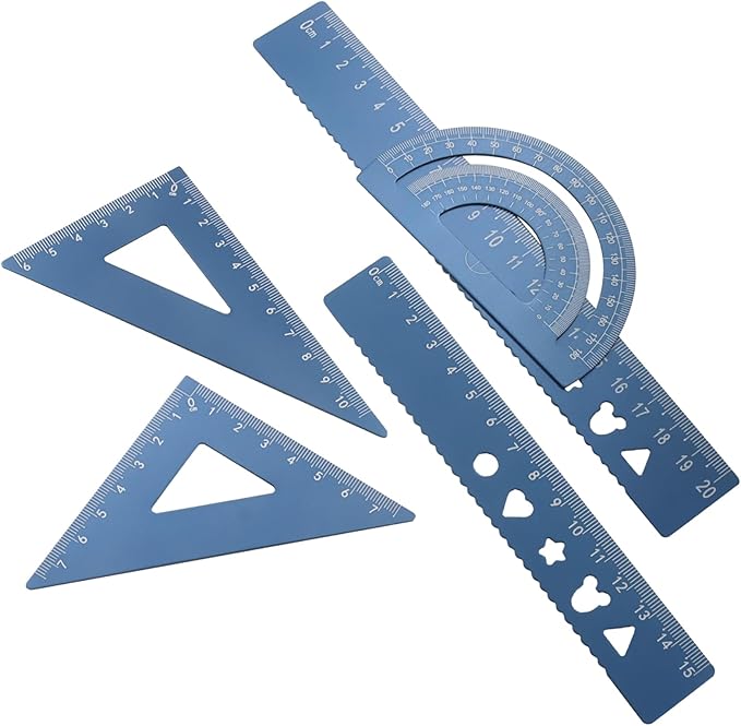 5-Piece Metal Geometry Set, Aluminum Ruler Drafting Kit Protractor & Triangular Rulers Precision for Engineers, Students, Math Measurement Tools(Blue)