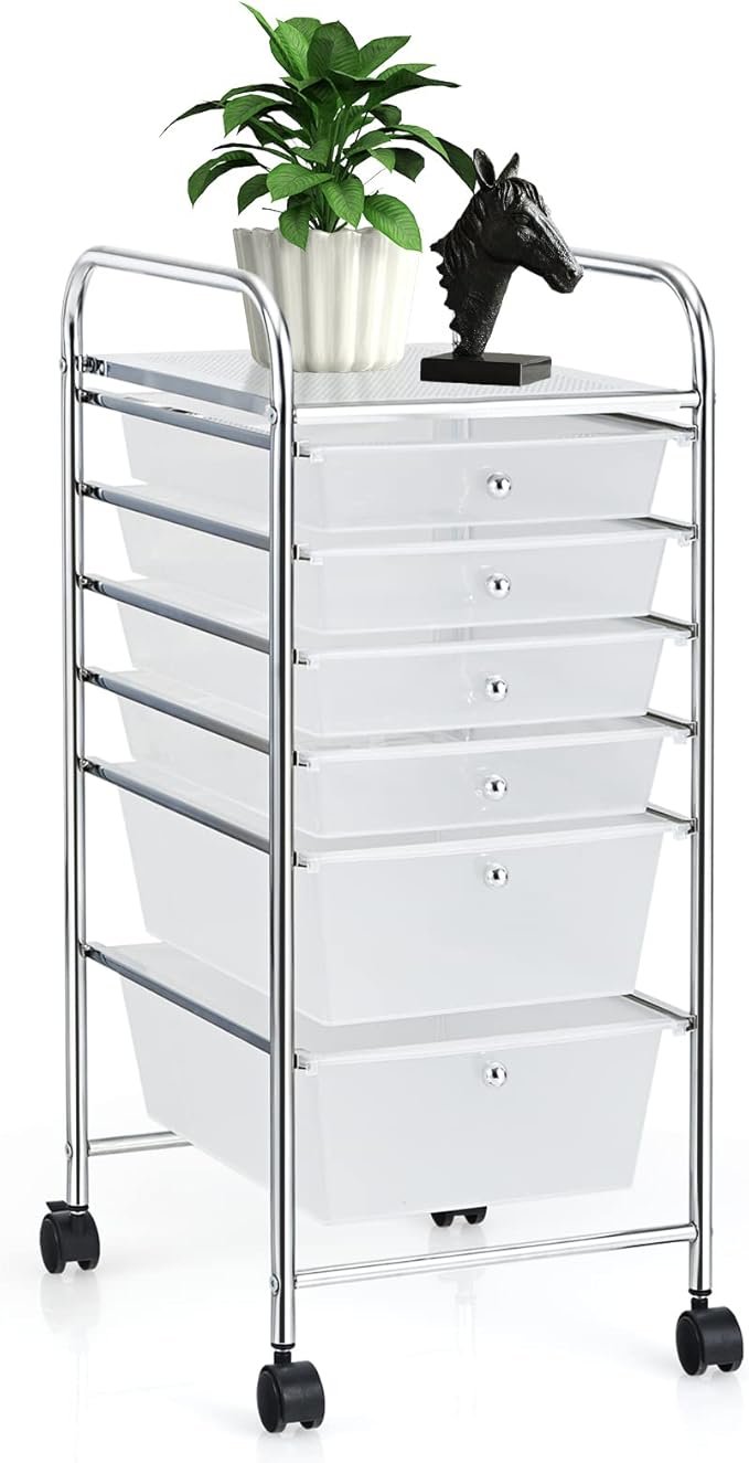 COSTWAY 6-Drawer Rolling Storage Cart, Multifunctional Art Craft Tools Organizer on Wheels, Heavy Duty Utility Mobile Storage Trolley w/ 2 Lockable Wheels for Home Office School (Clear)