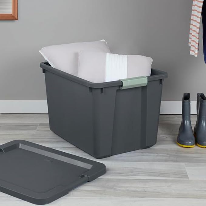 Sterilite 6 Pack 20 Gallon Latch Tote, Stackable Plastic Storage Bin Container, Gray/Green