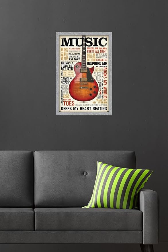 Music Inspires Me Wall Poster, 22.4L" x 14.7W", Gray Framed Version