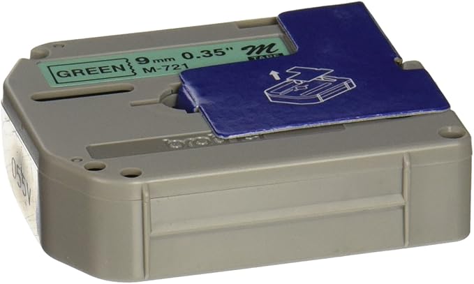 Brother Genuine P-touch M-721 Label Tape 3/8" (0.35") Standard Laminated P-touch Tape, Black on Metallic Green Laminated for Indoor or Outdoor Use, Water Resistant, 26.2 Feet (8M), Single-Pack (M721)