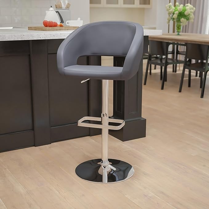 Flash Furniture Erik Comfortable & Stylish Contemporary Barstool with Rounded Mid-Back and Foot Rest, Adjustable Height - Gray Vinyl with Chrome Base