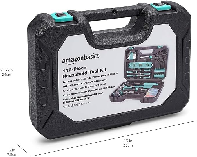 Amazon Basics 142-Piece Household Tool Kit for Home Repair, Hand Tools with Storage Case, 13.39 x 9.25 x 2.95 inch, Turquoise