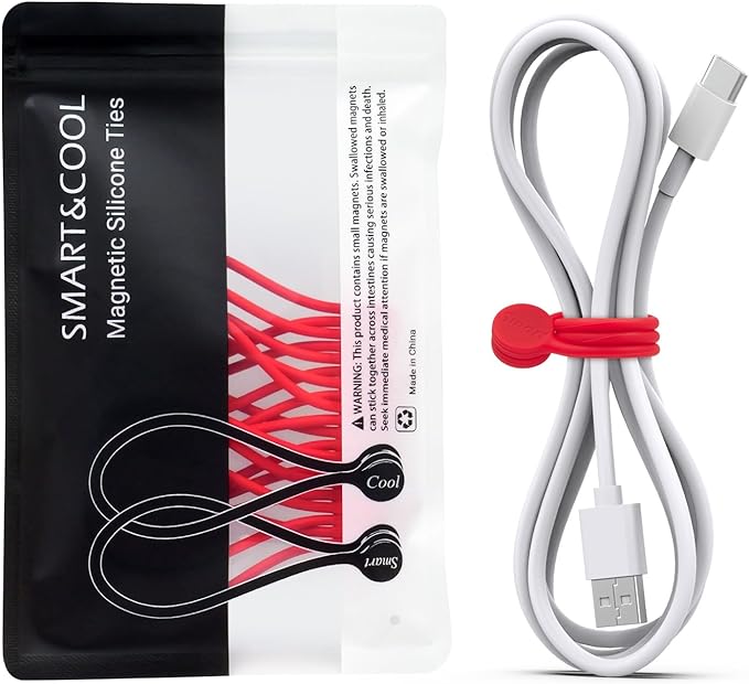 SMART&COOL Reusable Silicone Magnetic Cable Ties for Bundling and Organizing, Holding Stuff, Book Markers, Fridge Magnets, Assorted Color, 7.16'' (10-Pack, Red)