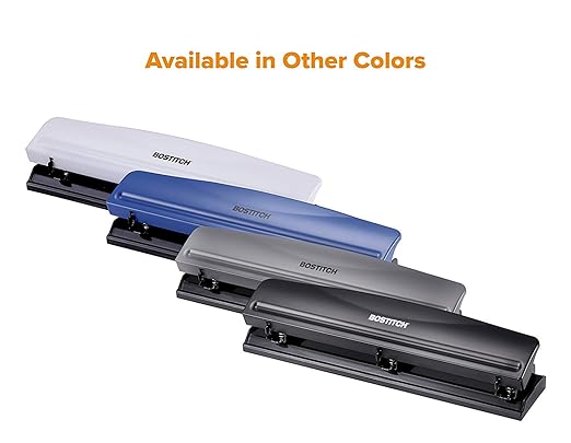 Bostitch Office Premium 3 Hole Punch, 12 Sheet Capacity, Metal, Rubber Base, Easy-Clean Tray, Silver, Gray