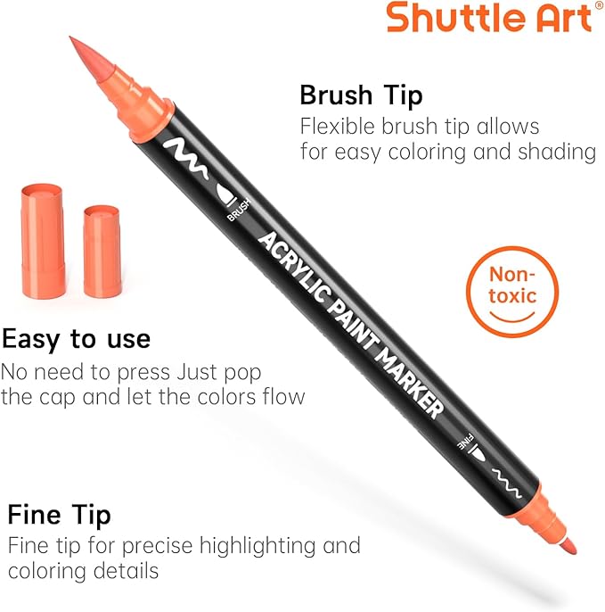 Shuttle Art 28 Colors Dual Tip Acrylic Paint Markers, Brush Tip and Fine Tip Acrylic Paint Pens for Rock, Ceramic, Wood, Canvas, Plastic, Glass, Stone, Calligraphy, Card Making, Crafts & Nail Art