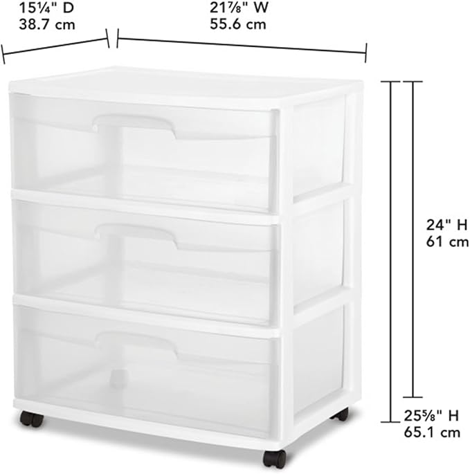 Sterilite 2-Pack 3-Drawer Wide Storage Organizer Cart, Rolling Container w/Wheels, White - Organizing Containers for Bathroom, Closet, Kitchen, and Bedroom