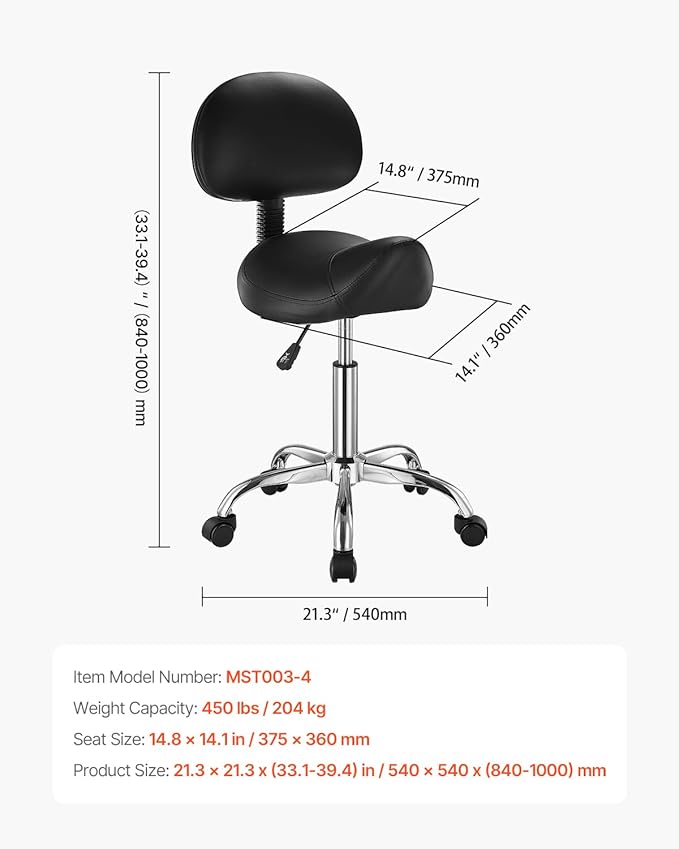 VEVOR Saddle Stool with Back Support and Wheels, 450 LBS Weight Capacity Ergonomic Rolling Stool, Height Adjustable Thickened PU Leather Swivel Saddle Chair for Salon, Spa, Massage, Tattoo, Black