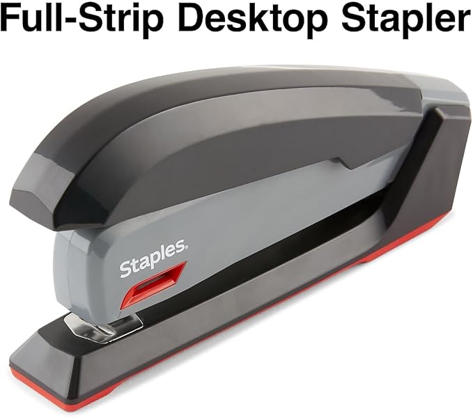Staples One‑Touch Desktop Stapler, Full‑Strip Capacity, Gray/Black/Red – Smooth‑Press Stapler