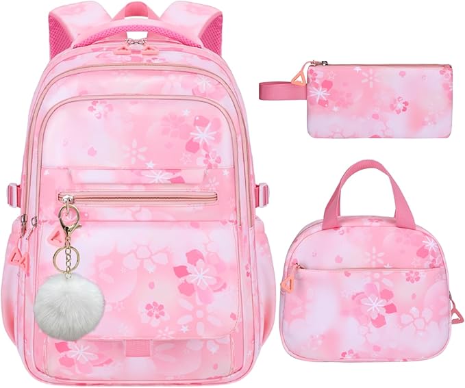 3Pcs Set Backpacks for Girls Teen, Cute Flowers School Bag Girls Bookbags with Lunch Box Pencil Bag, Multi-Pockets Kids Backpack for Elementary & Middle School, Pink