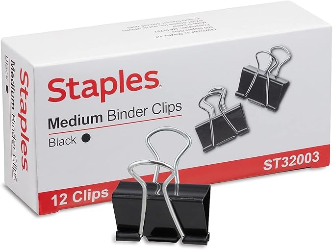 Staples Binder Clips - Black Steel, 0.63" Capacity, Small Office Paper Clips, Pack of 144
