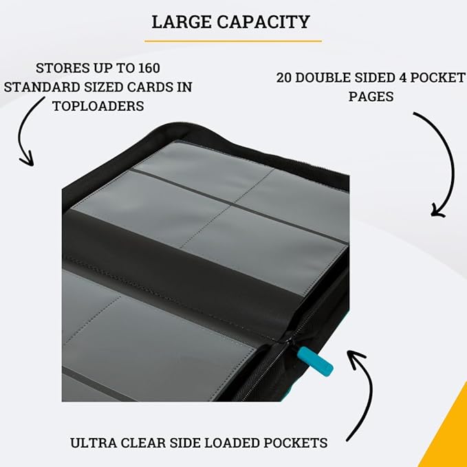 Card Guardian - Toploader 4 Pocket Premium Binder with Zipper for 160 Cards - Side Loaded Pockets - Compatible with Sports and Trading Cards TCG (Teal)