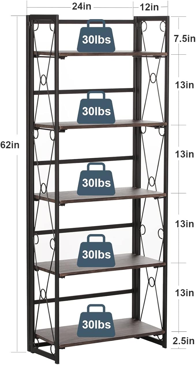 VECELO Folding Bookshelf, 5 Shelf Bookcase No Assembly, Industrial Metal Frame Shelves Rack Organizer for Living Room, Office,Walnut 1 Set
