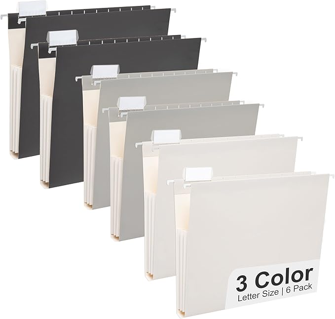 Y YOMA Letter Size - 6 Pack Extra Capacity Hanging File Folders Accordion Decorative Reinforced File Folder Cute Colored Expandable Folder for Office Home with 1/5-Cut Adjustable Tabs, Ash Grey