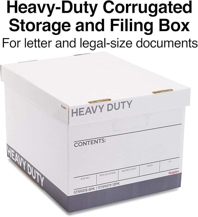 Staples Storage & Filing Box, Heavy-Duty with Handles & Removable Lid, Letter & Legal Size Documents, Stackable, 12-Pack, White/Gray