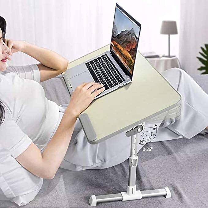 Amazon Basics Portable Foldable Adjustable Laptop Stand Tray Table Lap Desk for Bed and Couch, Fits up to 17-Inch Laptop, 12"x20", Cream