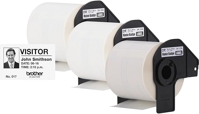 Brother Genuine DK-12343PK Die-Cut Name Badge Paper Labels, 2.3 in x 3.4 in (60 mm x 86 mm) Adhesive Name Badge White Paper Labels, 260 Labels per Roll, (3) Rolls per Box