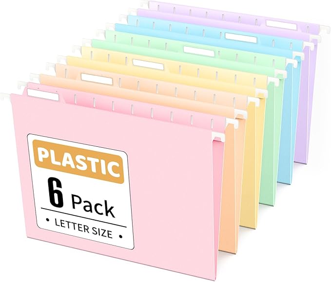 Sooez Tear-Resistant Plastic Hanging File Folders Letter Size, 6 Count File Organizer Suitable for File Cabinet Filing Cabinets, 1/6-cut Adjustable Tabs for Office, School, Pastels Colors, Pink