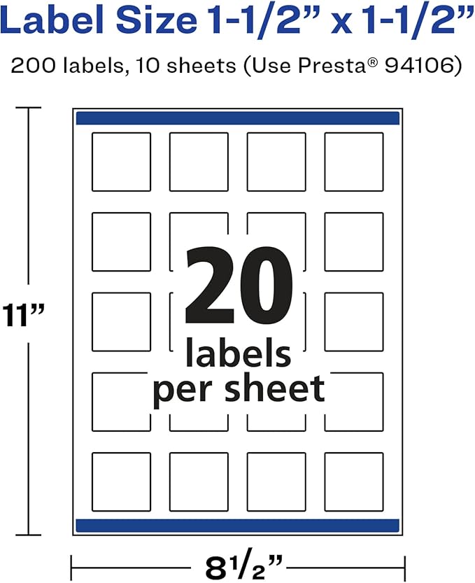 Avery Glossy White Square Labels, Sure Feed Technology, 1.5" x 1.5", 200 Glossy White Labels, Print-to-The-Edge, Permanent Adhesive, Laser/Inkjet Printable